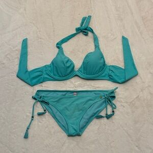 Raisins Bikini Set Teal Halter Top D Cup + Bottoms Size L